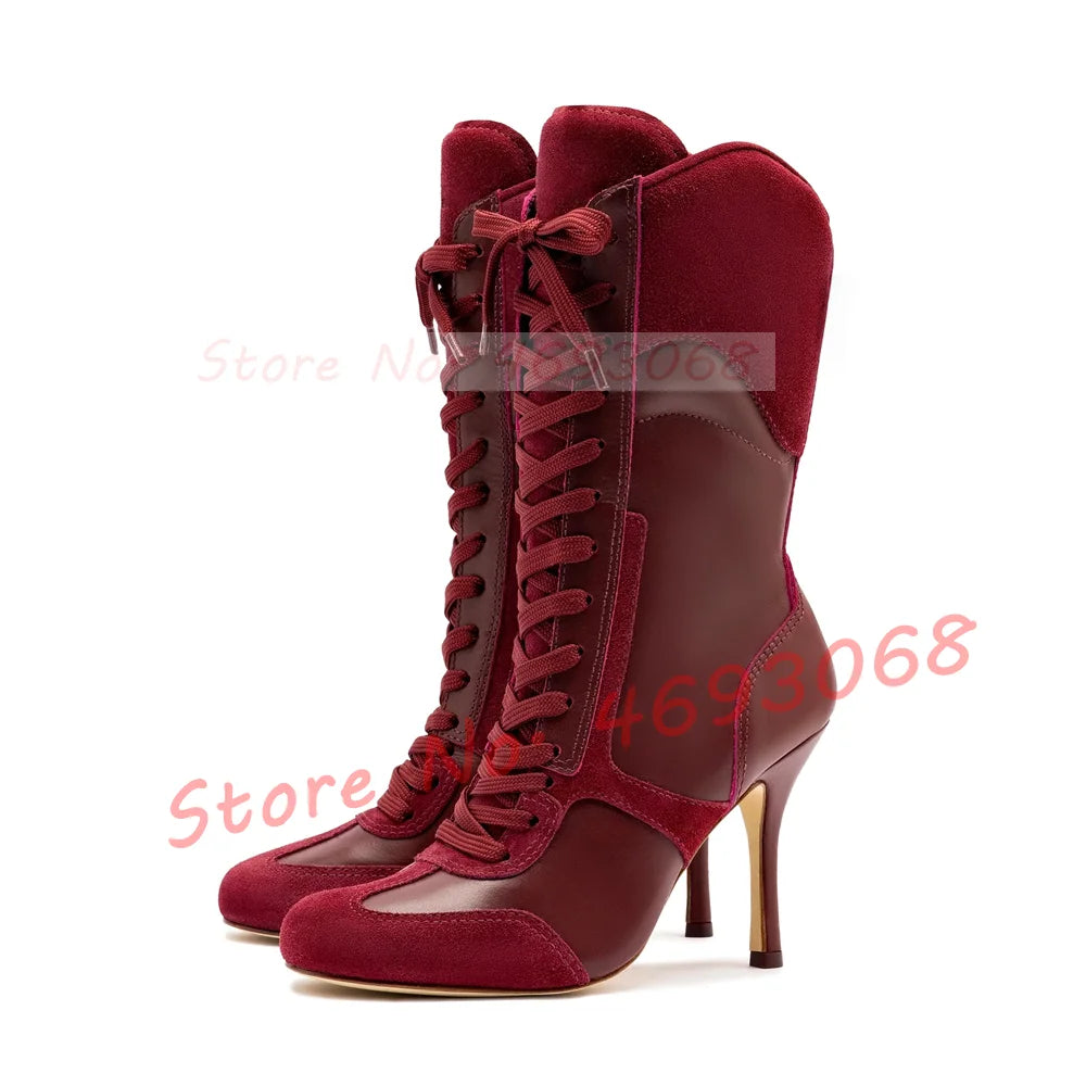 Grey White Splicing Suede Sneaker Boots Women Chic Round Toe Mixed Color High Heels Shoes Women Newest Lace Up Party Ankle Boots