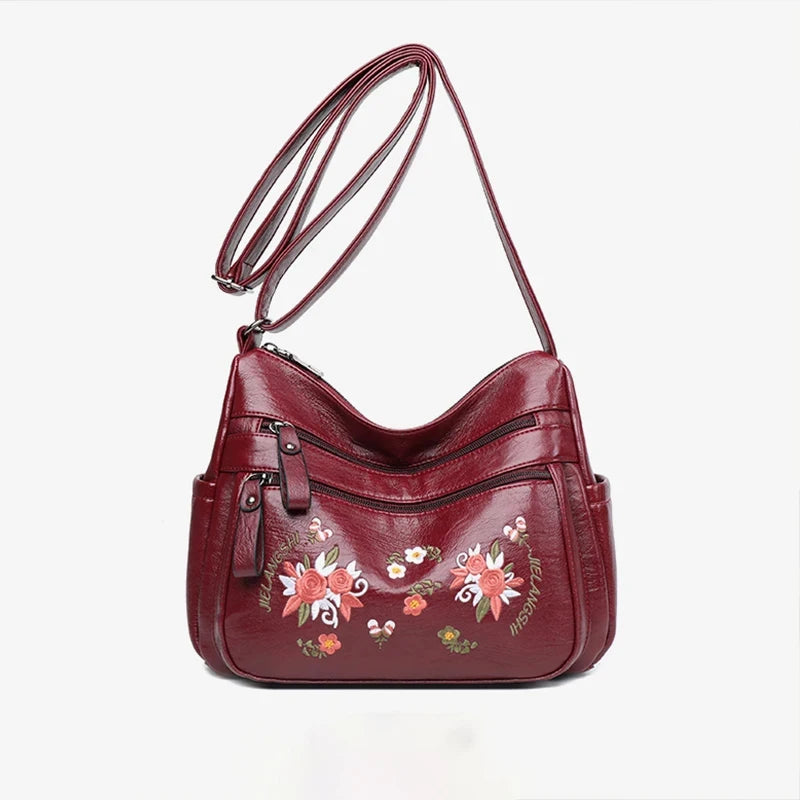 Embroidery Flowers Shoulder Messenger Bag Female Handbags Luxury Designer Purses Soft PU Leather Crossbody Women's Evening Bag