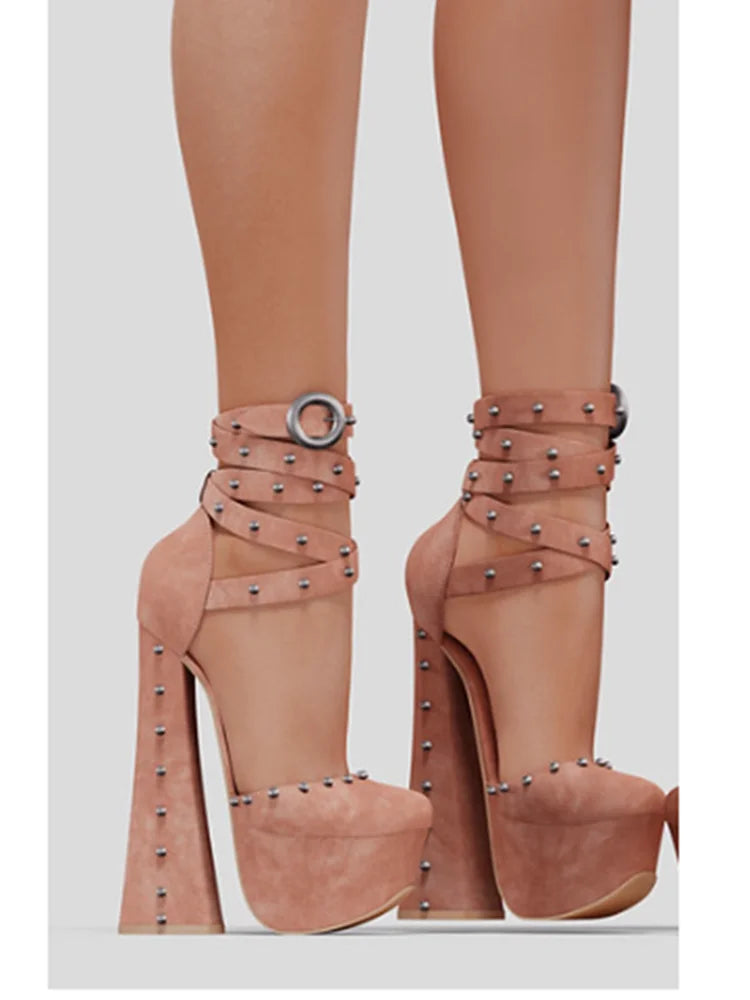 Brown Rivet Cut Out Platform Pumps Chunky Heel Sexy Fashionable Cool Summer Casual Big Size Woman Shoes Zapatillas Mujer