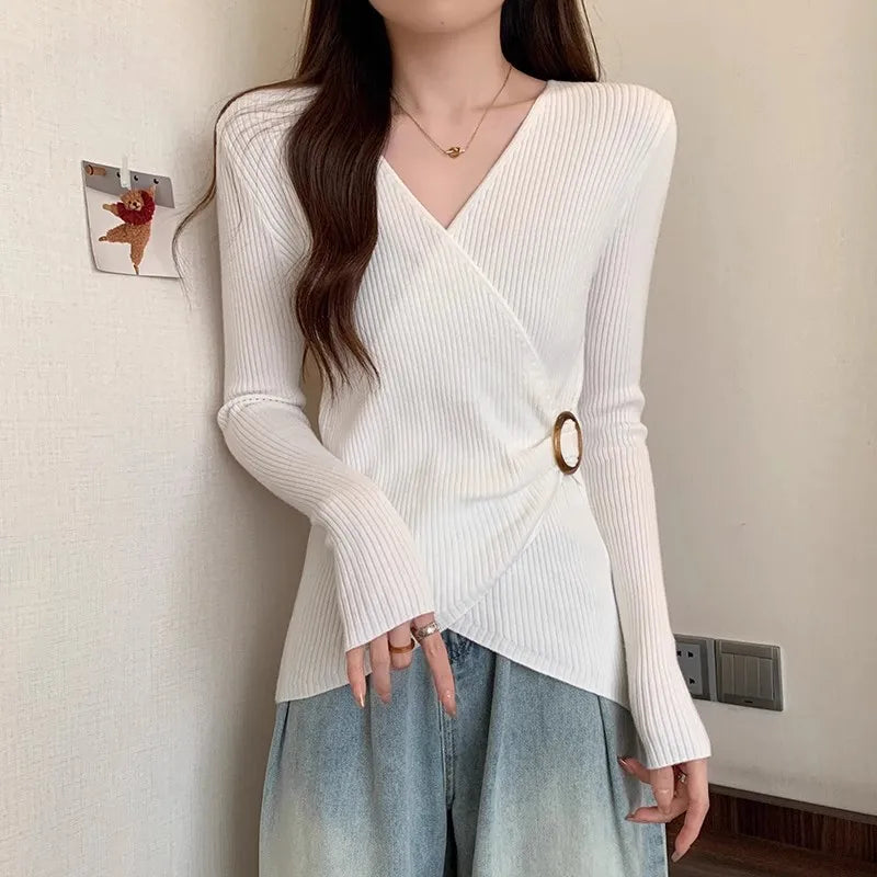 Women Wrap V Neck Ribbed Knit Top Metal Ring Buckle Flare Long Sleeve Slim Sweater