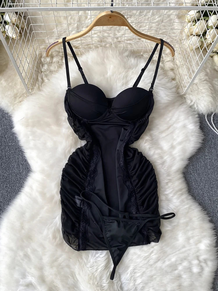 Coquette Lace Lingerie Set Sexy Mesh Bodysuit Valentines Day Sleepwear Gothic Strappy Catsuit Intimate Nightwear Romper