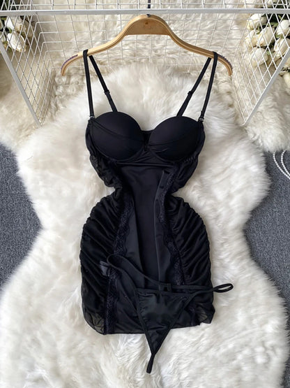Coquette Lace Lingerie Set Sexy Mesh Bodysuit Valentines Day Sleepwear Gothic Strappy Catsuit Intimate Nightwear Romper