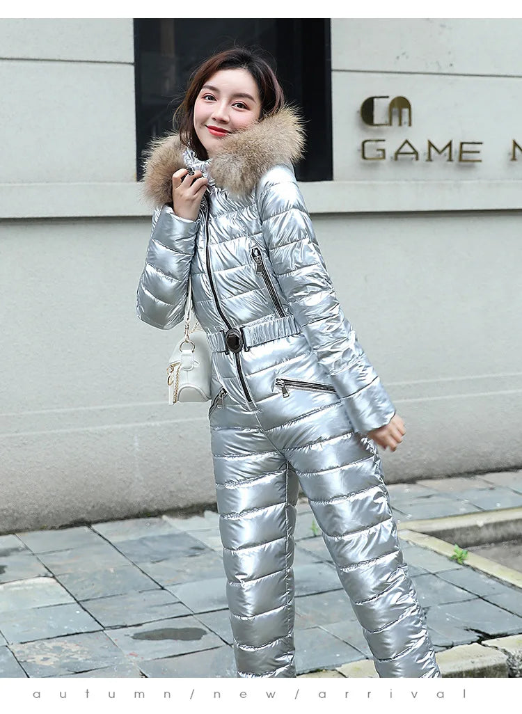 Jumpsuits One Piece Ski Suit Winter Thicken Snow Place Down Cotton Women Suits Warm Hooded Waist Slim Shiny Outdoor Sports