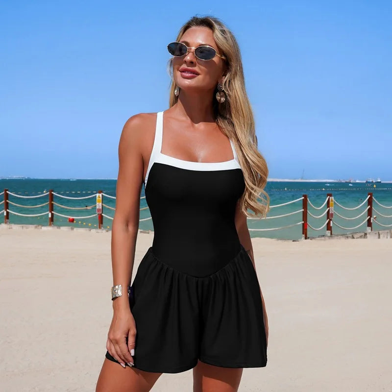 VigoBeviya 2026 Solid Dress Swimwear For Women Beach Backless One Piece Swimsuit Femal Summer Pocket Monokini Lady Bathing Suit