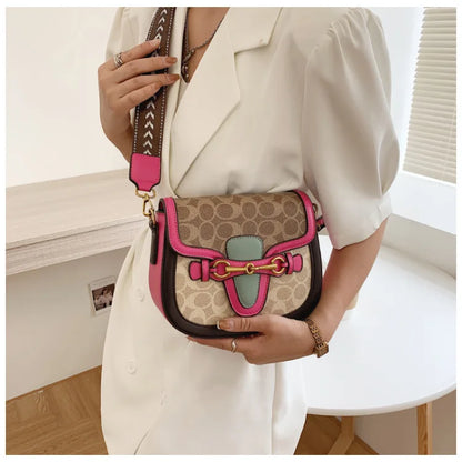 Women Retro Print Saddle Crossbody Bag Luxury Horse Bit Buckle Small Shoulder Bag Fashion PU Leather Ladies Daily Handbag