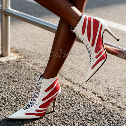 Patchwork Sneaker Ankle Boots Lace-Up Women Fashion Novelty Sexy Shoes Pointed Toe Thin High Heels Leather Comfortable Elegant