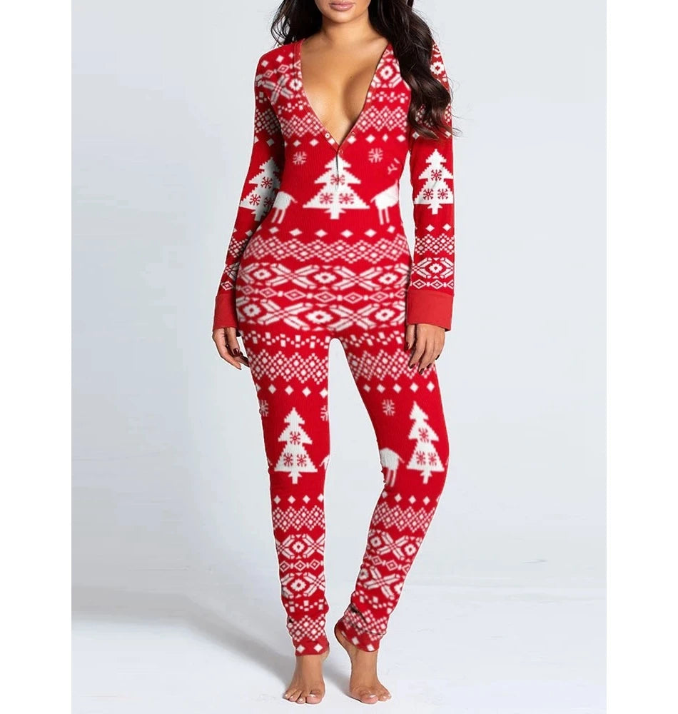 Fashion Women's Snowflake Elk Print Button Front Slim Jumpsuit Sexy Long Sleeve V-Neck Adult Onesie for Sleepwear
