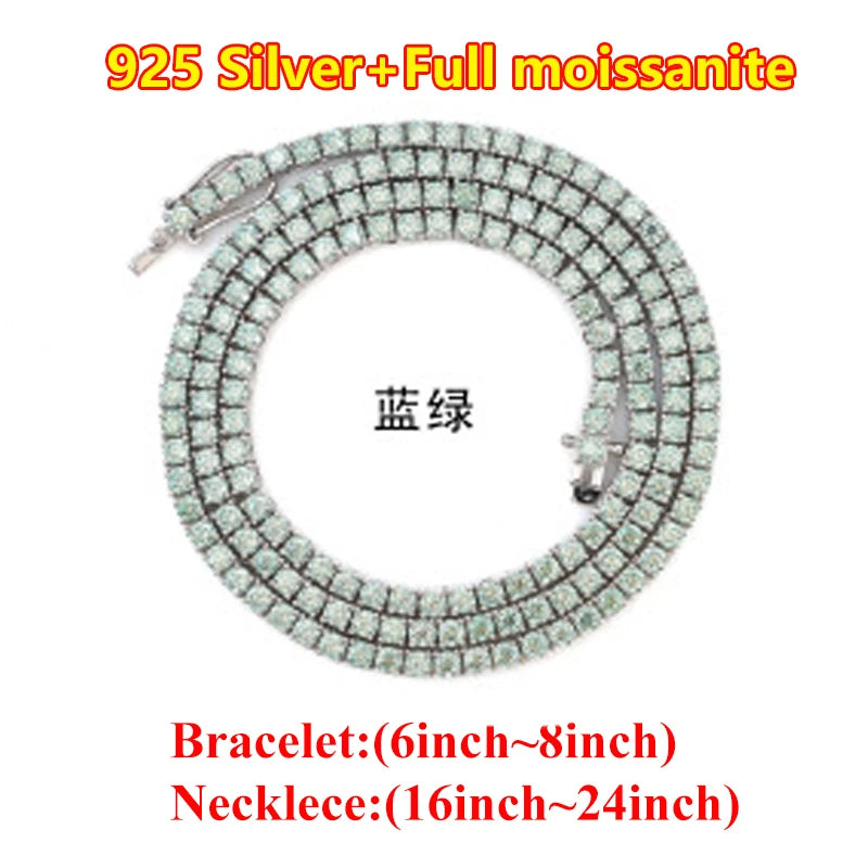 Hiphop 3-4mm Golden Yellow Moissanite Tennis Chain Bracelet Necklace S925 Silver Blue Moissanite Tennis Mecklace