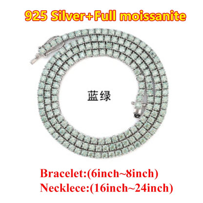 Hiphop 3-4mm Golden Yellow Moissanite Tennis Chain Bracelet Necklace S925 Silver Blue Moissanite Tennis Mecklace