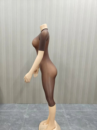FLARORA Sexy Mesh See Through Rompers Woman Trend O Neck Short Sleeve Skinny Peach Hip Playsuits Stretch Midnight Party Clubwear