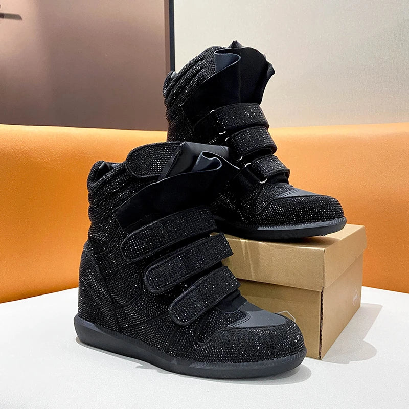 2026 Vintage Rivet Heightened Sneaker Wedge Velcro Casual Bright Diamond Booties