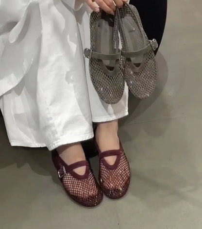 2026 New Model~ Fishnet Rhinestone Ballet Flat Mary Jane Women's Shoes with Hollowed-Out Strap