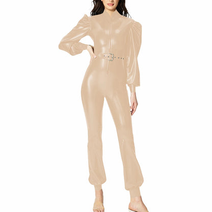 Plus Size Fashionable PVC Patent Leather Jumpsuit for Women Latex-look Clubwear Stand Collar Belt Puff Long Sleeve Slim Rompers