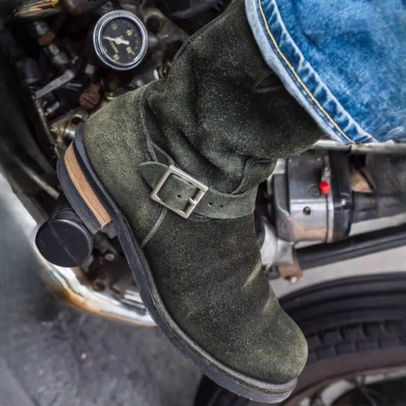 Hot Dark Green Handmade Vintage Khaki Suede Work Boots Men and Women Engineer Shoes American Retro Moto Faded Mid-Calf Boot