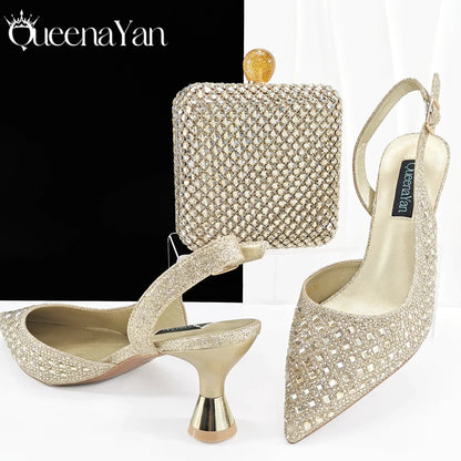 Queena Yan 2026 Italian Design Rhinestone Luxury Navy Blue Pointed Toe Shoe & Bag Set Women High Heels for Parties High Quality