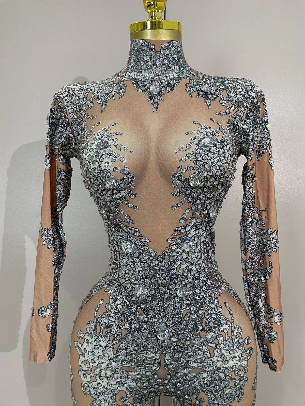 Luxury Sparkly Diamonds Print Long Sleeves Stretch Jumpsuit Evning Party Dancer Nightclub Bar DJ Sexy Stage Performance Costumes