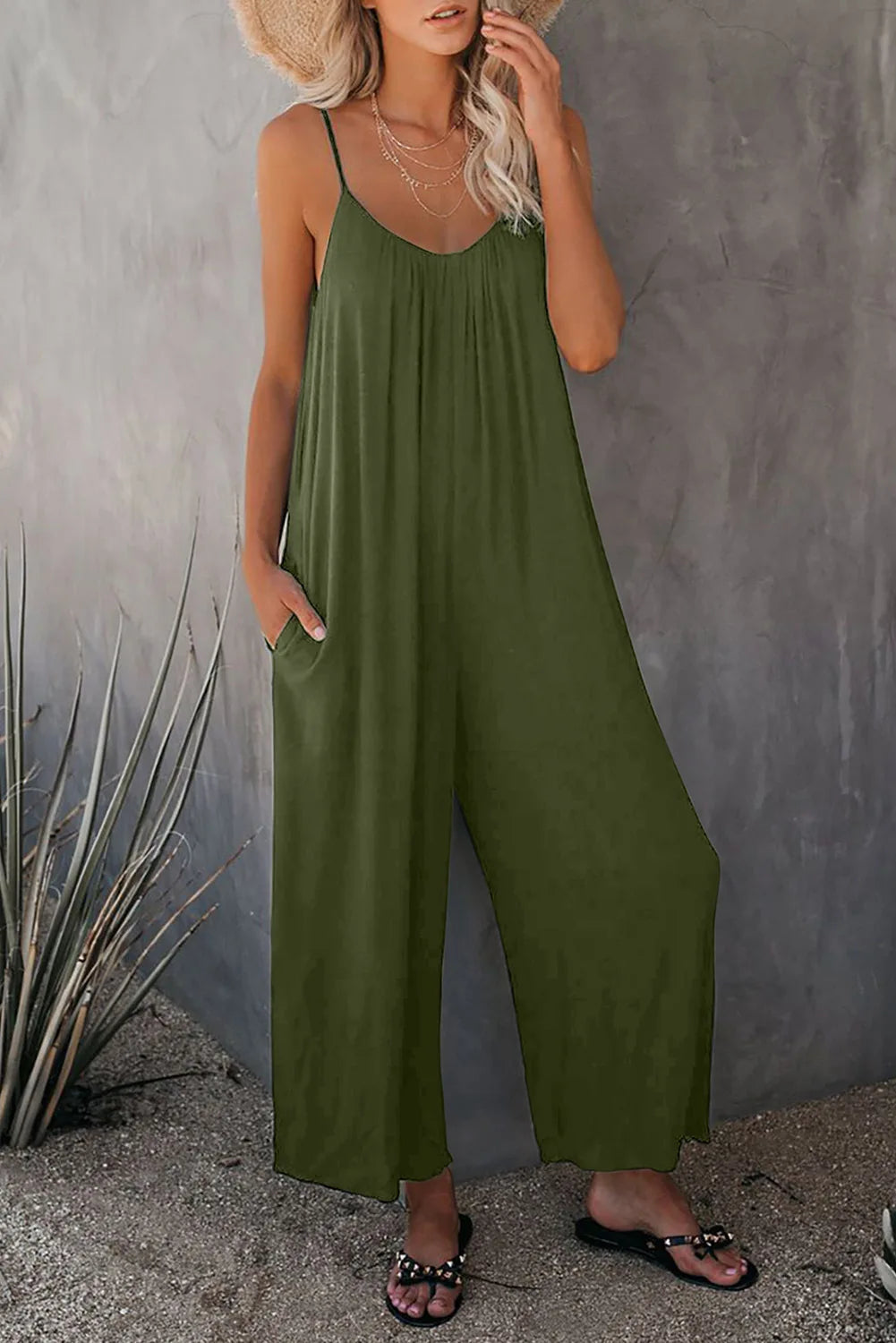 Strap jumpsuit for women's summer new cross-border solid color inserted bag casual jumpsuit