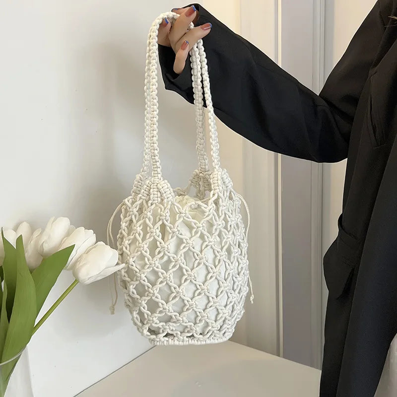 Summer Beach Bag For Women Mesh Rope Knitted Bucket Shoulder Bags  Reticulate Hollow Travel Shopper Totes Ladies Fashion Handbag