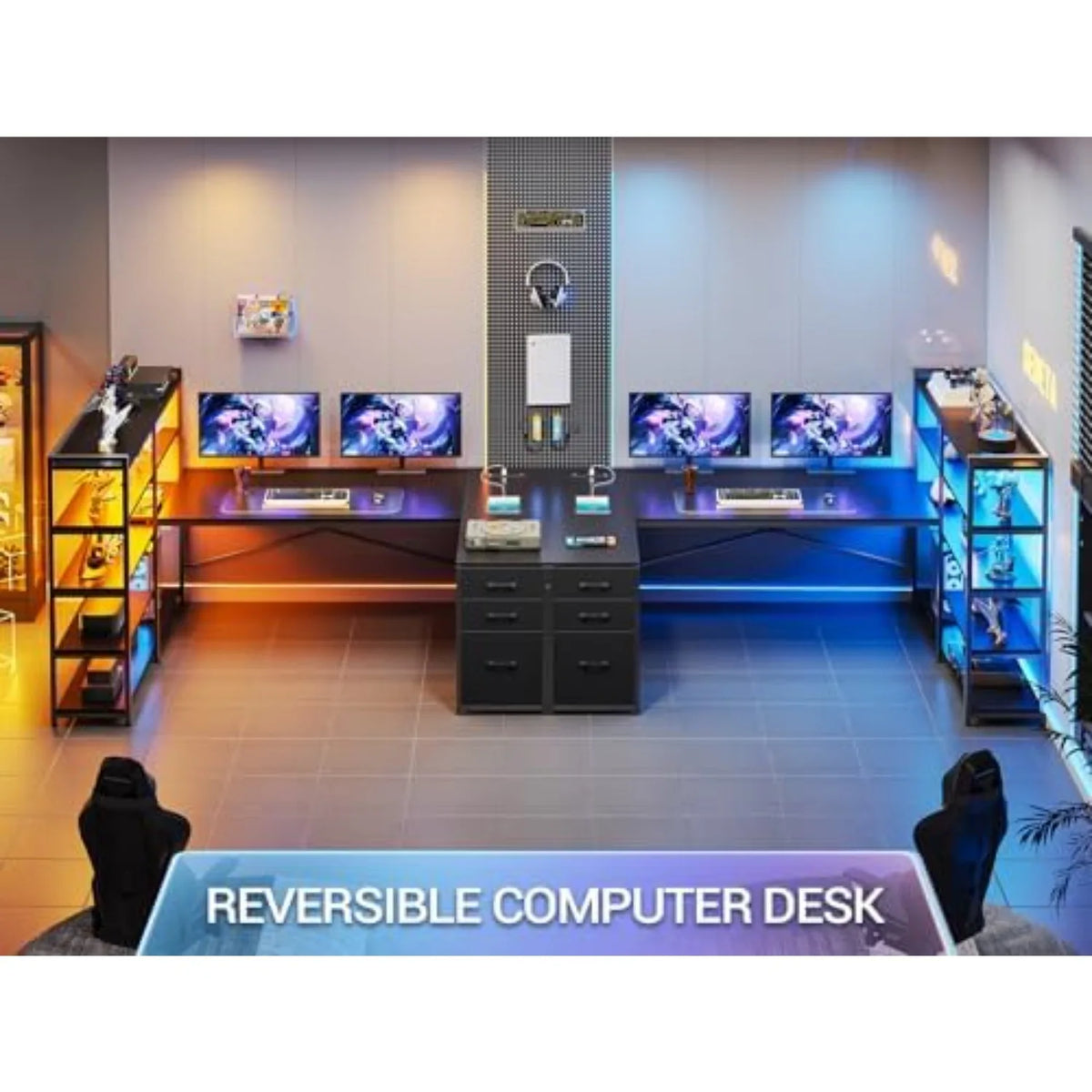 L Shaped Gaming Desk, Reversible U Shaped Computer Desk with Power Outlet and Storage Shelves, Corner Gaming Desk with
