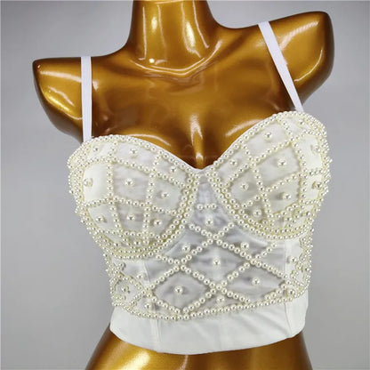 Quality Pearl Tank Tops Rhinestone Women Crop Top Club Clothes Streetwear Y2K Corset Woman Shaper Camis Fashion Feamale Clothing