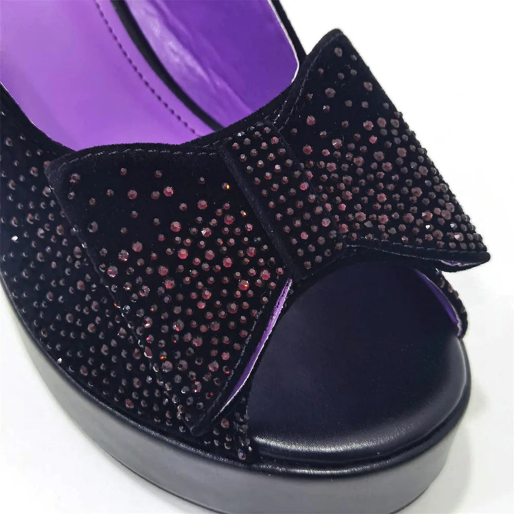2024 Silver Fashion Square Heels with Platform African Women Shoes and Bag Set Full Crystal Pumps for Wedding Party