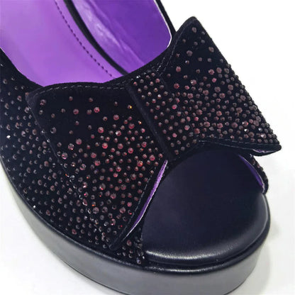 2024 Silver Fashion Square Heels with Platform African Women Shoes and Bag Set Full Crystal Pumps for Wedding Party