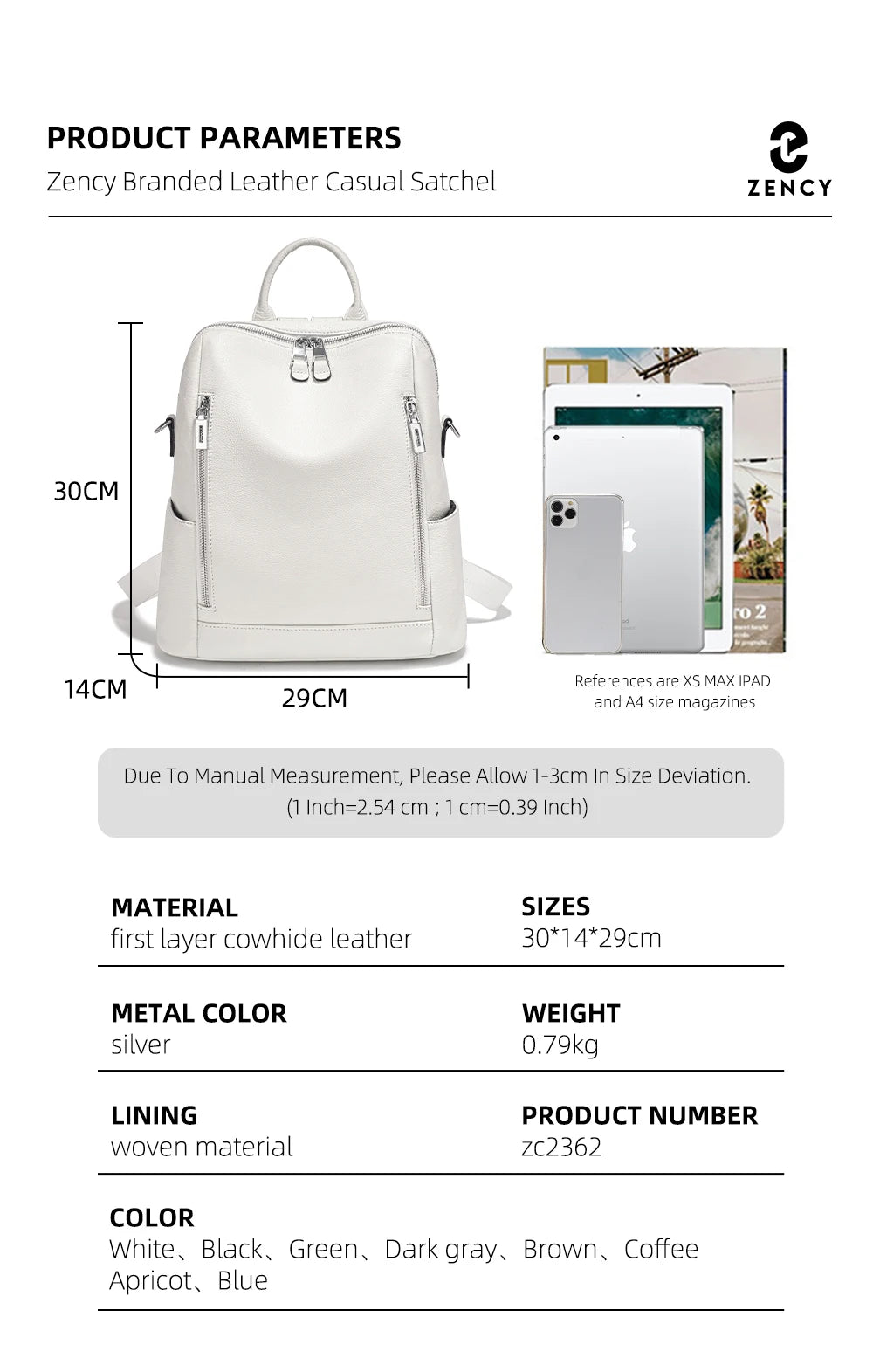 Zency Fashion Genuine Leather Backpack Knapsack Multi-pocket Day Pack Travel Convertible Shoulder Bag for Fall Winter Commuter