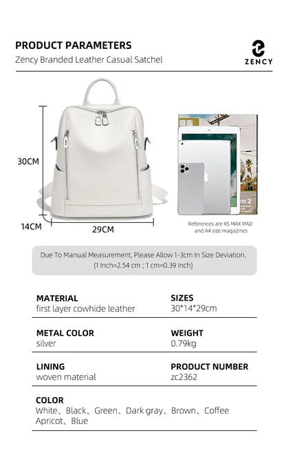 Zency Fashion Genuine Leather Backpack Knapsack Multi-pocket Day Pack Travel Convertible Shoulder Bag for Fall Winter Commuter