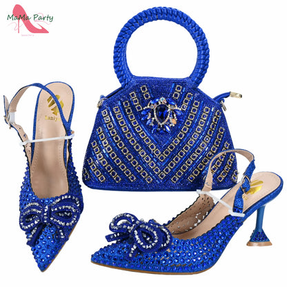 Purple Color New Arrivals Italian Design Nigerian Women Shoes and Bag Set Pointed Toe Slipper with Shinning Crystal for Party