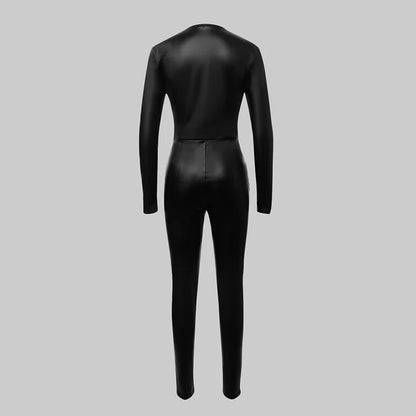 Krisnanas Women's PU Leather Jumpsuits Woman Clothes Stylish Zipper Collar Cool Jumpsuit Leggings One Piece Sweatpants 91981