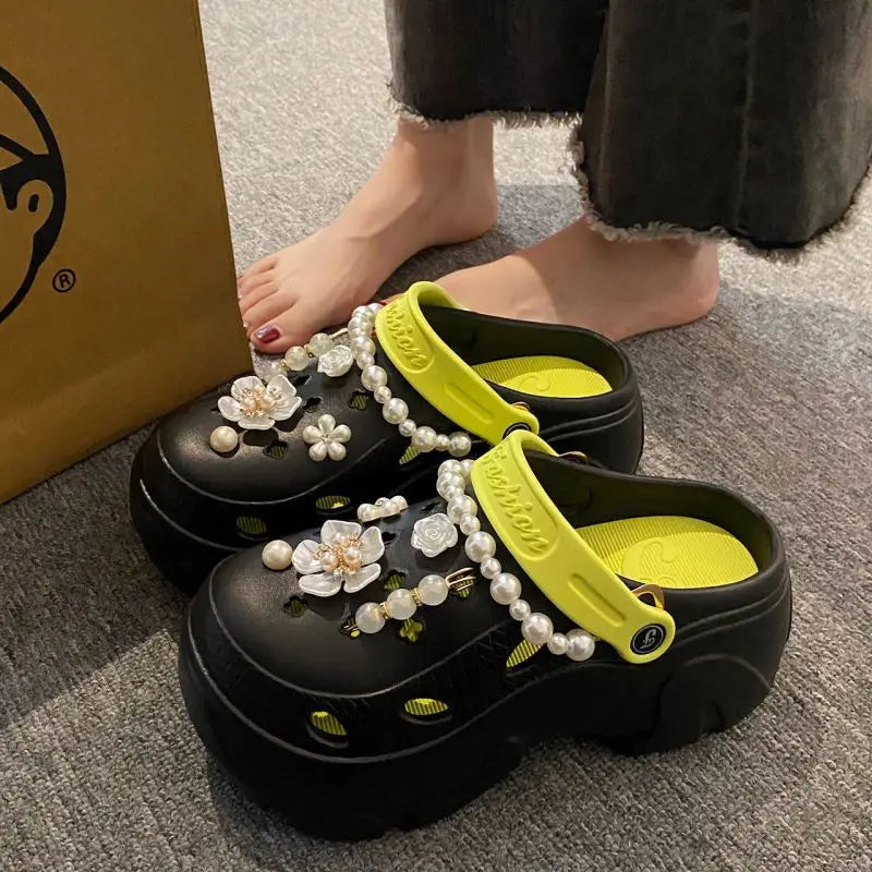 Luxury DIY Pearl Chain Non Slip Clogs Women Summer 2026 Comfort Platform Slip On Sandals EVA Thick Bottom Outdoor Slippers Shoes