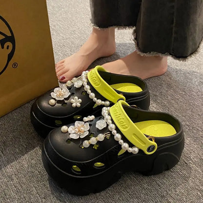 Luxury DIY Pearl Chain Non Slip Clogs Women Summer 2026 Comfort Platform Slip On Sandals EVA Thick Bottom Outdoor Slippers Shoes