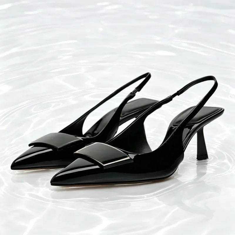 Luxury Designer Slingback Mules Heels Women Sexy Pointed Toe Patent Leather Thin Heeled Sandals Comfortable Elegant Office Shoes