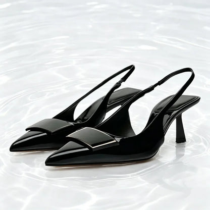 Luxury Designer Slingback Mules Heels Women Sexy Pointed Toe Patent Leather Thin Heeled Sandals Comfortable Elegant Office Shoes