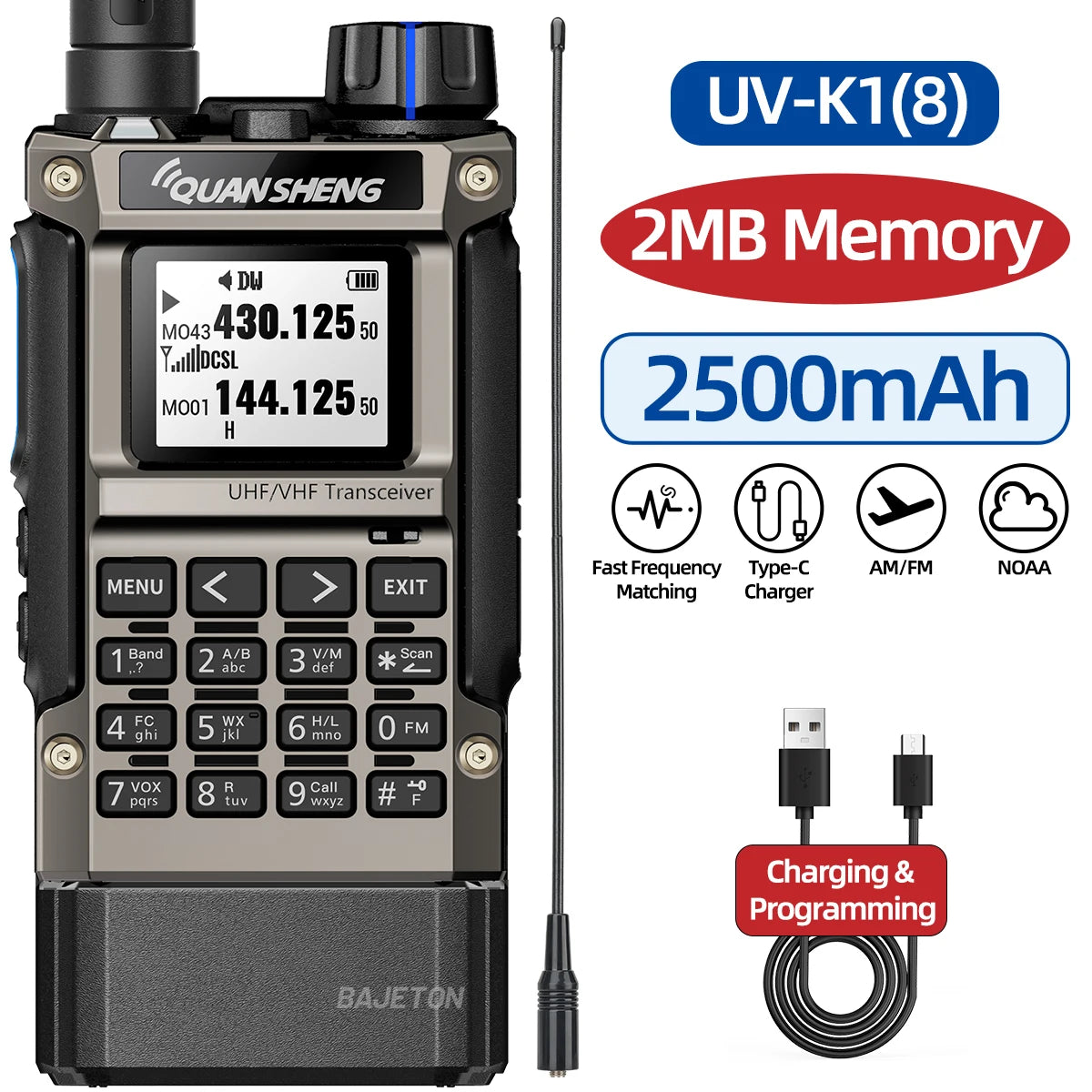 Quansheng UV-K1(8) Multi-Band Walkie Talkie 2MB Flash Wireless Copy Frequency Long Range Type-C Charger for Quansheng UVK5 K6