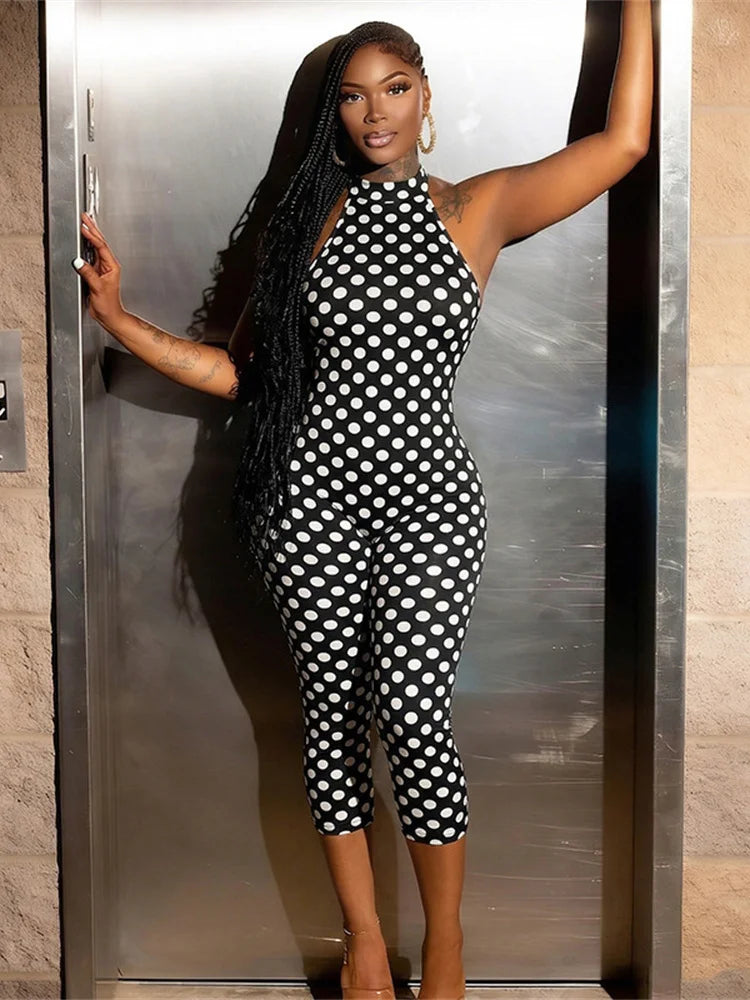 Kliou Sexy Backless Playsuits Woman Polka Dot Print Bandage Halter Off Shoulder Skinny Peach Buttocks High Street Style Rompers