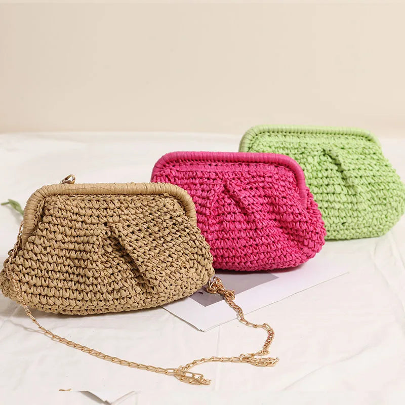 2025 New Women Straw Woven Bag Chain Strap Straw Clutch Purse Large Capacity Stylish Crossbody Bag Solid Color for Summer Beach