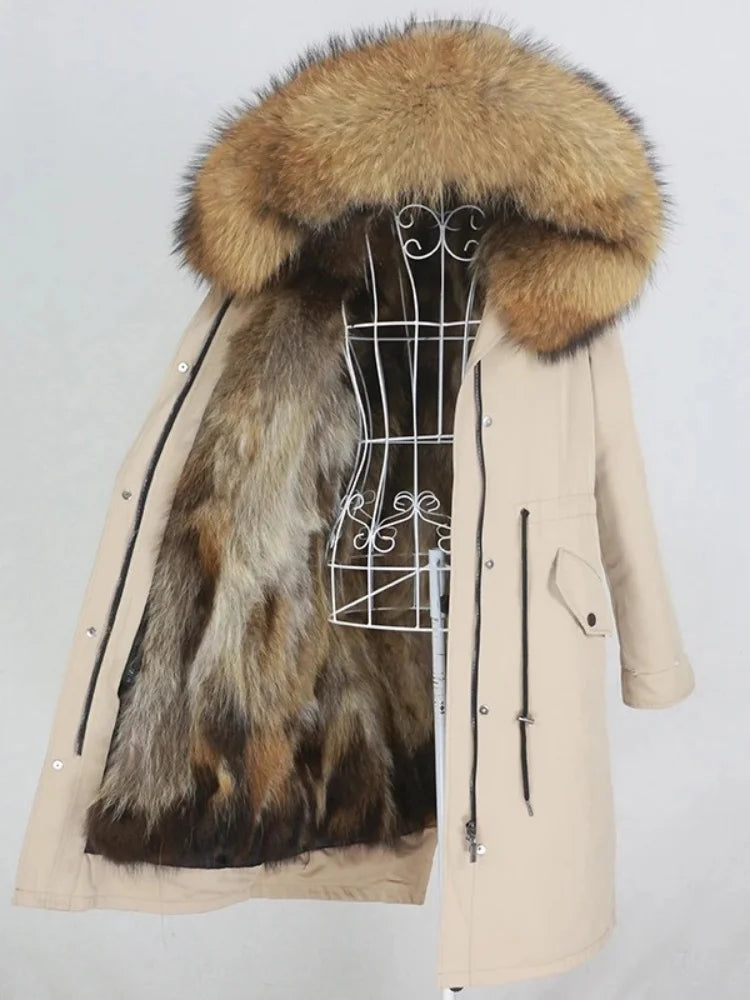 Real Fur Coat Winter Jacket Women Long Parka Waterproof Big Natural Raccoon Fur Collar Hood Thick Warm Real Fox Fur Liner coat