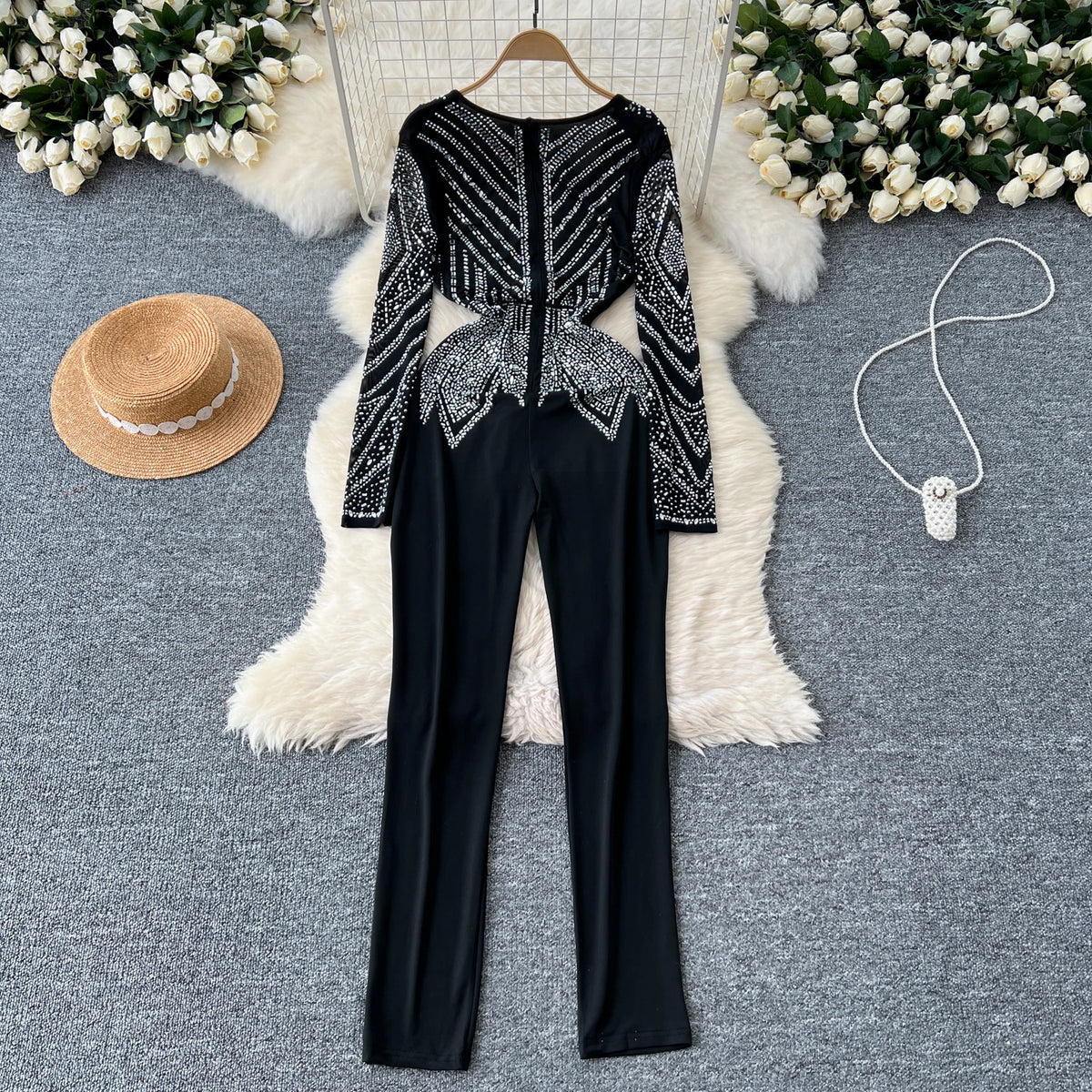 SINGREINY Sexy Senior Bodycon Jumpsuits Women Deep V-Neck Long Sleeves Zipper Diamonds Design Fashion Hotsweet Party Playsuits