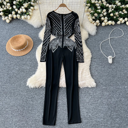 SINGREINY Sexy Senior Bodycon Jumpsuits Women Deep V-Neck Long Sleeves Zipper Diamonds Design Fashion Hotsweet Party Playsuits