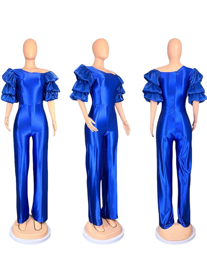 Satin Jumpsuit Woman High Quality Slash Neck Puff Sleeves Party Jumpsuits Woman Elegant Luxury Curvy Evening Jumpsuit Dress