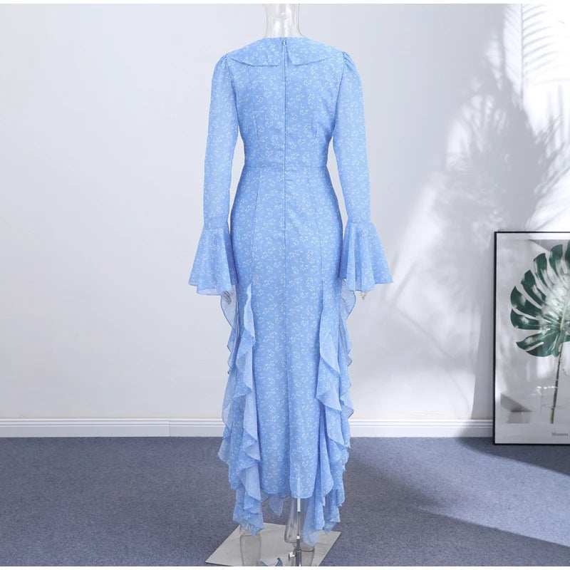 Women Printed V Neck Long Dress Flared Sleeve Lotus Leaf Edge High Waist Slim Fit Maxi Dresses Lady Elegant Evening Party Dress