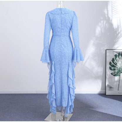 Women Printed V Neck Long Dress Flared Sleeve Lotus Leaf Edge High Waist Slim Fit Maxi Dresses Lady Elegant Evening Party Dress