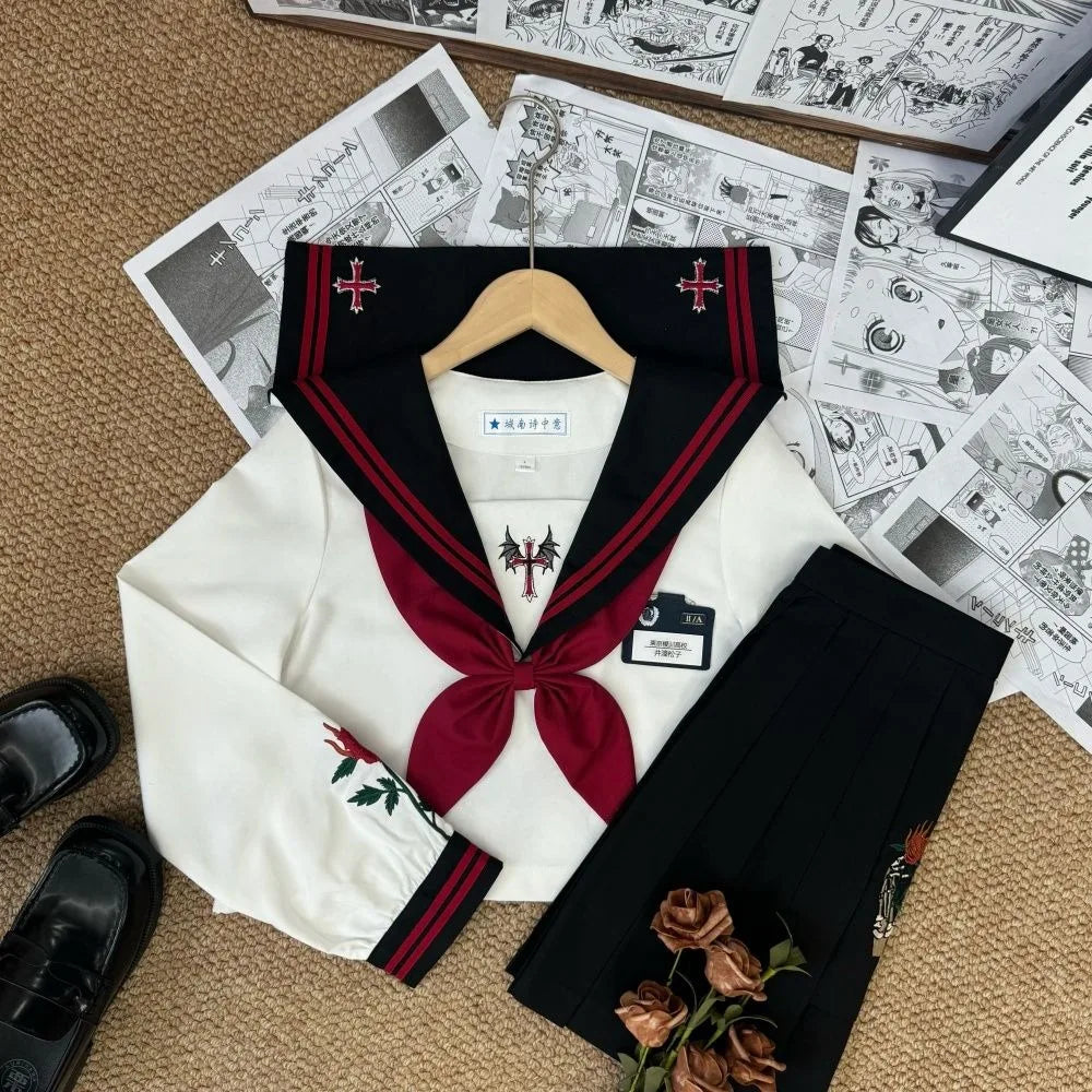Dark Japanese Bad JK Uniform Long-sleeved Girl Orthodox Sailor Suit Role Play Handsome Long Skirt School Uniform Embroidery