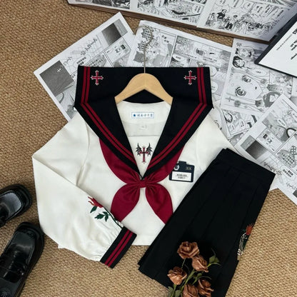 Dark Japanese Bad JK Uniform Long-sleeved Girl Orthodox Sailor Suit Role Play Handsome Long Skirt School Uniform Embroidery