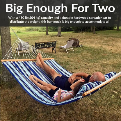 Quilted Double Hammock or Outside with Spreader Bars and Pillow - 450 lb acity, 74x55 Inch Bed, UV Resistant, Quick Dry - Chains
