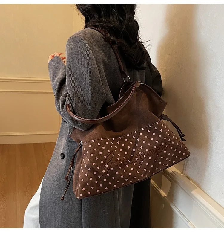 Brand Women's Shoulder Bag Y2k Fashion Sweet Polka Dot Handbag Korean Casual Versatile Leopard Print Brown Frosted Tote Bags