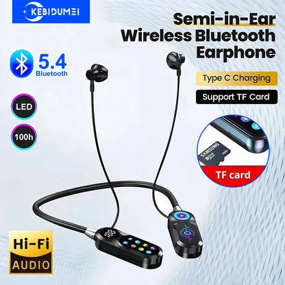 HD Screen Bluetooth 5.4 Headphones Neckband Earphones TWS Wireless Headsets HiFi Stereo Waterproof Earbuds Support TF Card