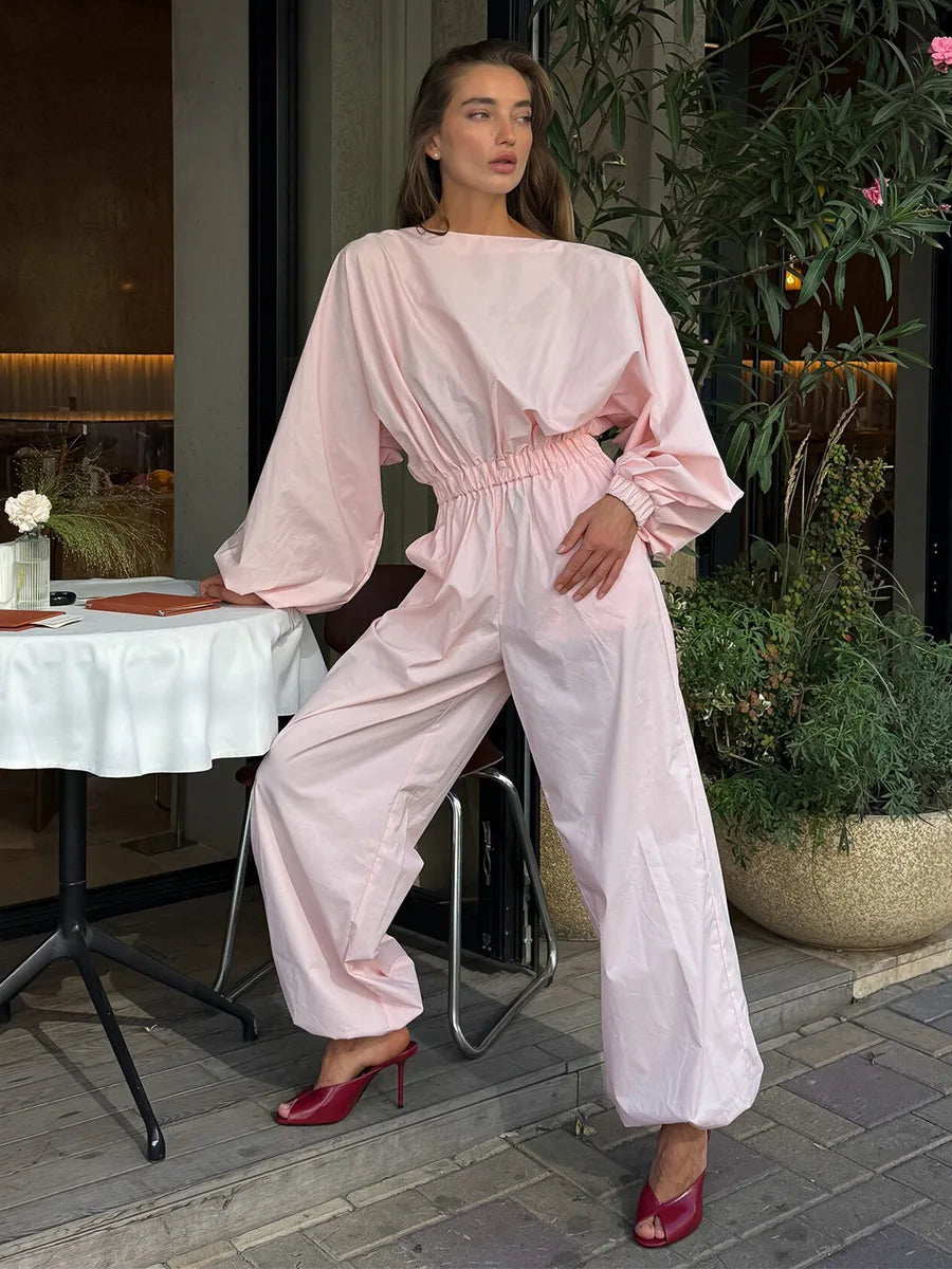 Pink One-Piece Suit Women's Spring Summer New Lantern Sleeve Backless Top Waist-Cinching Wide Leg One-Piece Suit