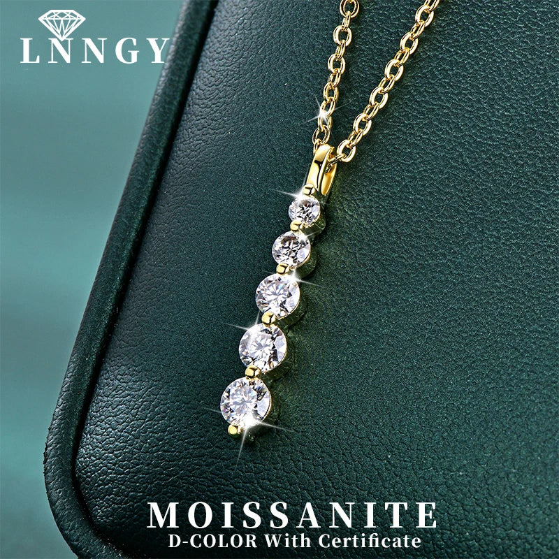 Lnngy Brilliant 5-Stone Moissanite Necklace 14K Gold Filled Long Drop Pendant Necklace for Women Female Jewelry Accessories